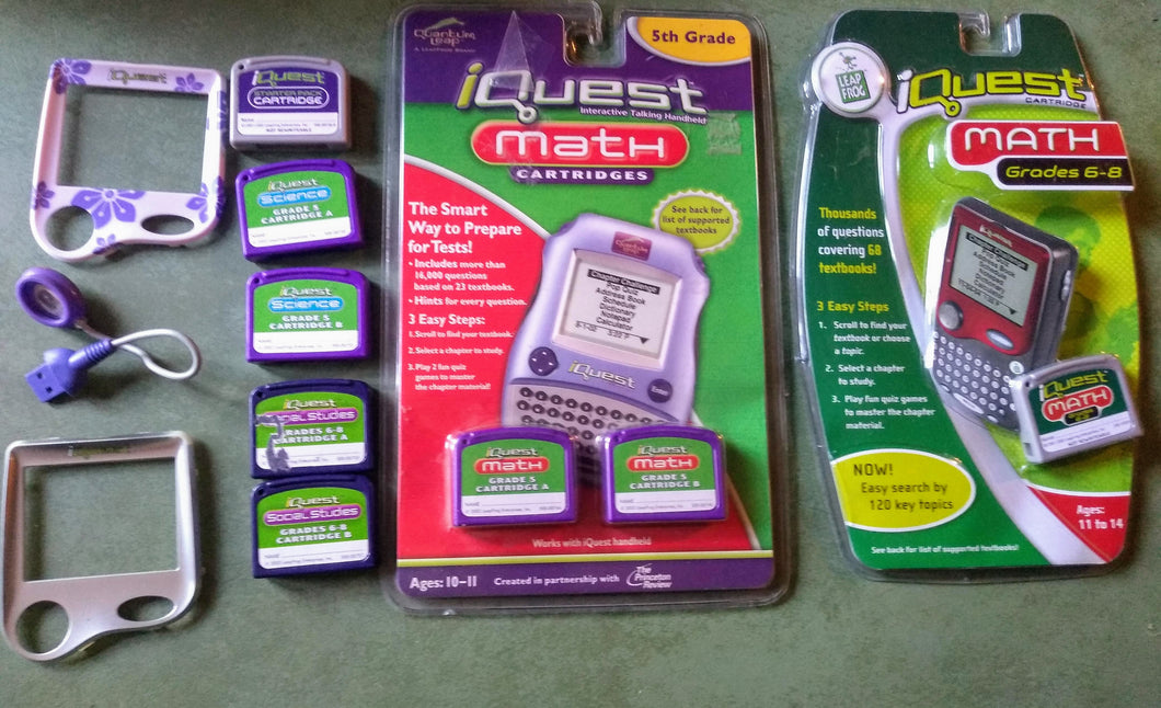 Brand New & used Lot iQuest Starter, Science, Social Studies, Math 5th, 6th, 7th & 8th Grade Math cartridges & accessories